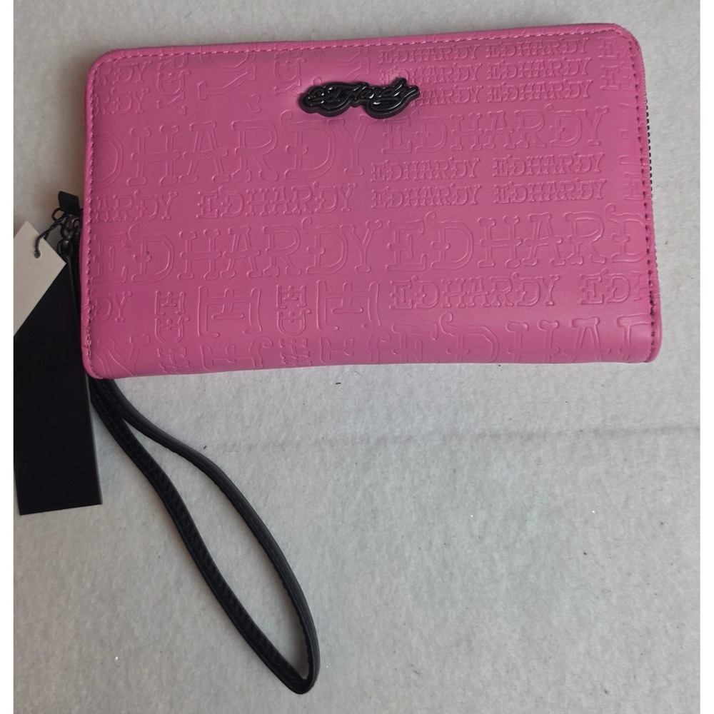 Ed Hardy Pink Embossed Logo Zip Around Wristlet Wallet NWT